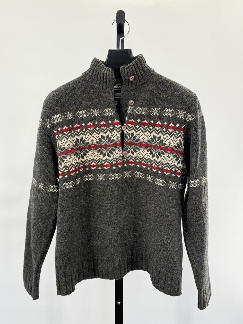 Woolrich Gray Lambswool Onyx Heather Fairisle L Pullover Sweater Classic Winter